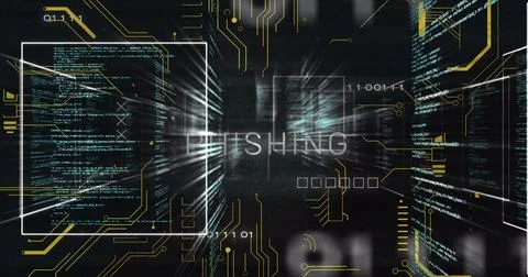 Displaying central PHISHING text emitting data in cyberspace dashboard, with Stockillustratie