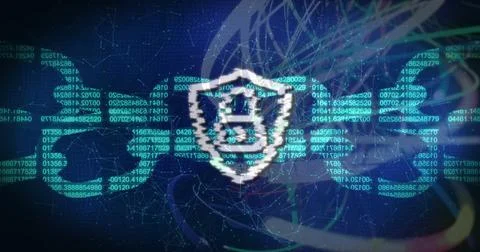 Displaying central pixel shield emblem glitching over digital network, showing Illustration