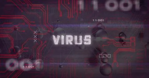 Displaying central pixelated VIRUS text overlaying digital interface, with red Stock Photos