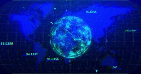 Displaying central polygonal digital globe rotating over virtual control hub, Stock Photos