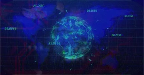 Displaying central polygonal globe emitting shards over curved grid, showing Illustrazione stock