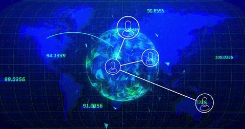 Displaying central polygonal globe glowing on digital interface, with user icons Stock Photos