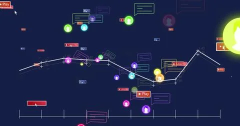 Displaying central polyline graph tracking avatars and chat tooltips on navy Stock Photos