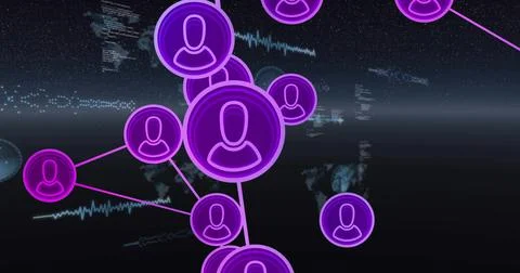 Displaying central purple user avatar cluster connecting global nodes in UI, Stock Illustration