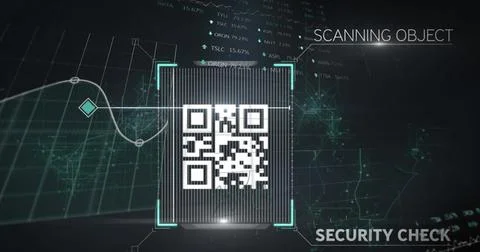 Displaying central QR code being scanned in security overlay, showing grid data Foto stock