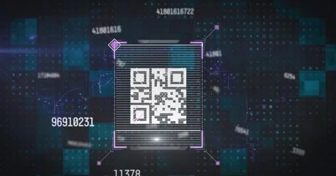 Displaying central QR code panel on holographic interface, showing scan lines 스톡 사진