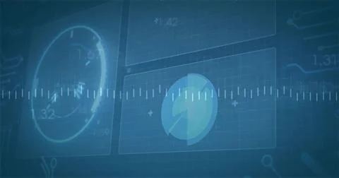 Displaying central radar HUD glowing on virtual dashboard, with grid overlay, Ilustración de archivo