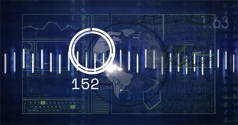 Displaying central radar HUD scanning virtual control-room dashboard, showing Stock Illustration