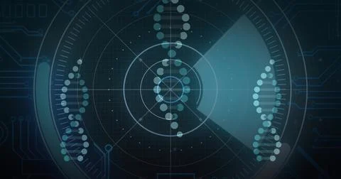 Displaying central radar HUD with vertical DNA nodes on lab screen, mirrored 스톡 일러스트