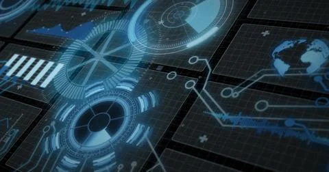 Displaying central radial HUD glowing on dark grid plane, linking tiled panels Stock Illustration