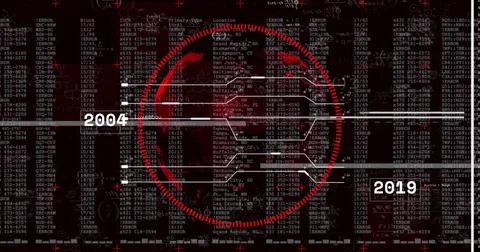 Displaying central red circular HUD with timeline bars 2004 and 2019 on scree Illustrazione stock