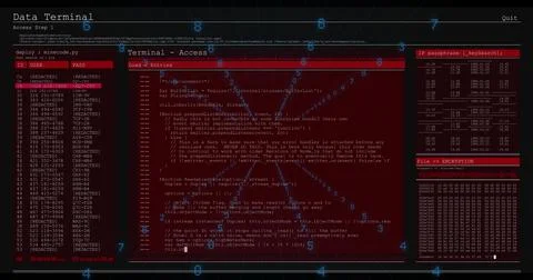Displaying central red code pane on monitor, showing source code, left userpass Illustrazione stock