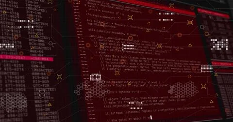Displaying central red code window scrolling code text on monitor screen, with Illustrazione stock