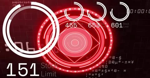 Displaying central red concentric HUD on dark grid, showing progress rings, Stock Photos