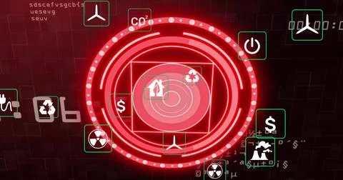 Displaying central red concentric HUD pulsing over dark grid with green energy Stock Photos