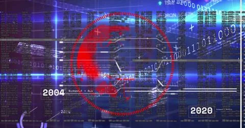 Displaying central red globe circling on digital dashboard, connecting 2004 to Stock Illustration