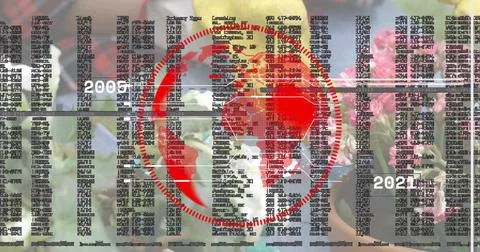 Displaying central red globe intersecting horizontal timeline at florist イラスト素材