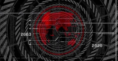 Displaying central red globe pulsing rings in HUD, showing connector lines, code Stock Illustration