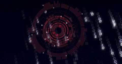 Displaying central red HUD-like interface at digital overlay, with binary Stock Illustration