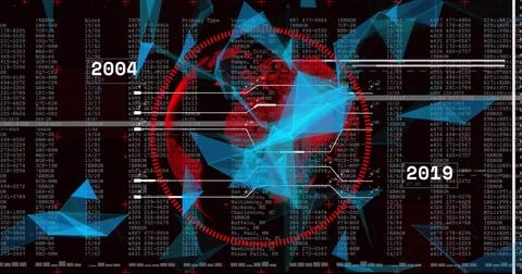 Displaying central red reticle intersecting blue mesh on data dashboard, with イラスト素材