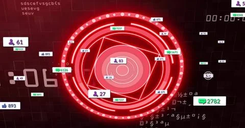 Displaying central red ringed HUD on dark grid dashboard, featuring LED ring, Stock Photos
