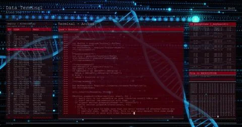 Displaying central red terminal window with source code logs on monitor, plus 스톡 사진