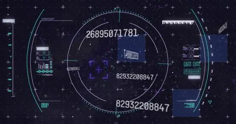 Displaying central reticle with rings, digits, purple box and translucent panels Stock Illustration