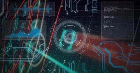 Displaying central ringed holo HUD rotating on dark grid with neon traces, data 스톡 일러스트