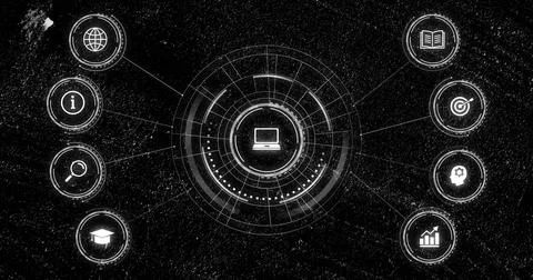 Displaying central ringed HUD with laptop icon on textured chalkboard backdrop, Illustrazione stock
