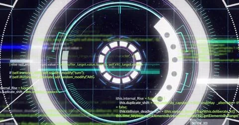 Displaying central ringed HUD on screen, showing radial ticks, code lines and Stock Illustration