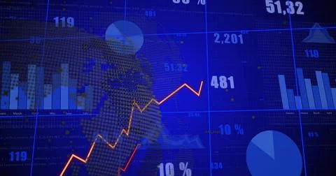 Displaying central rising orange red line chart on finance screen, showing Stock Illustration