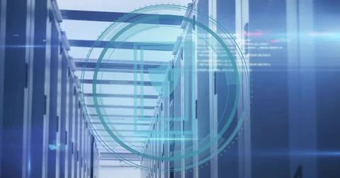 Displaying central server aisle in data center, showing HUD overlay, server 스톡 일러스트