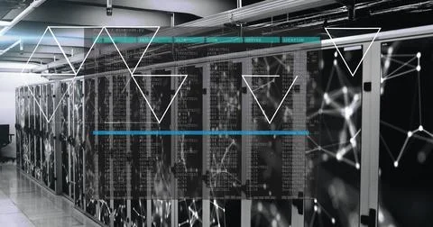 Displaying central server cabinets lining data center server room, showing LEDs 库存照片