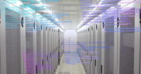 Displaying central server cabinets under LED lights above raised floor vents, Stock-Fotos