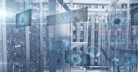 Displaying central server rack cabinets streaming circuit patterns, LED lights Foto stock