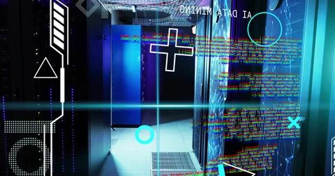 Displaying central server rack cabinets in data center aisle with AI DATA MINING Stock Photos