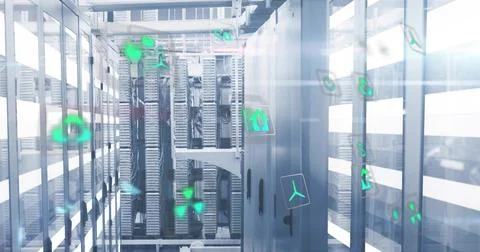 Displaying central server rack corridor in data center, showing racks, cabling, Stock Photos