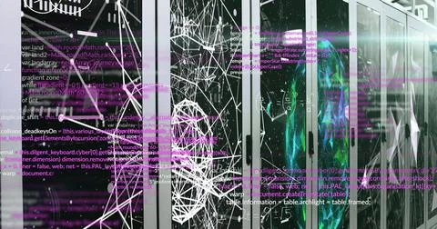 Displaying central server rack glowing with LEDs, drifting code and network 스톡 사진