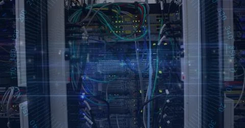 Displaying central server rack humming in data center, with multicolored cables Stock Photos