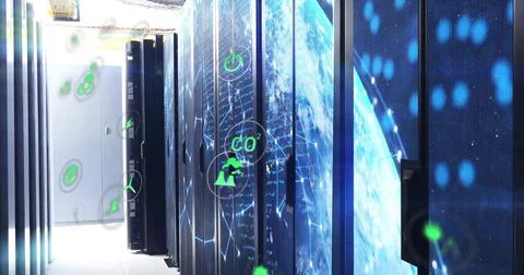 Displaying central server rack with network hardware CO? and globe icon in data Stock Photos