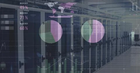 Displaying central server racks with analytics in data center aisle, showing pie Stock Photos