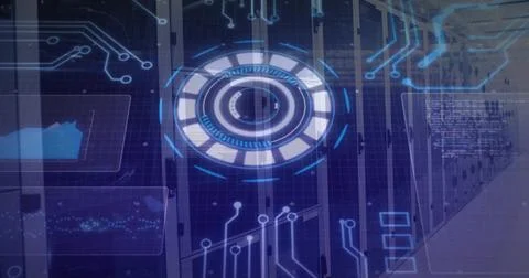 Displaying central server racks and floating circular interface in data center, Stock Photos