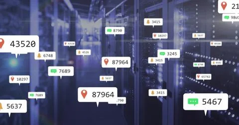 Displaying central server racks in data center aisle, with floating UI callouts イラスト素材