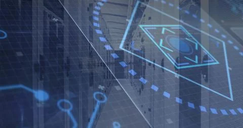 Displaying central server racks down data center aisle, with HUD overlays and Stock Photos