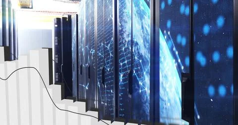 Displaying central server racks featuring LED-globe displays in data center, 3D 스톡 사진