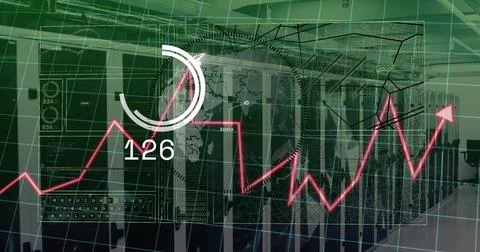 Displaying central server racks merging with analytics overlays in data center, Stock Photos