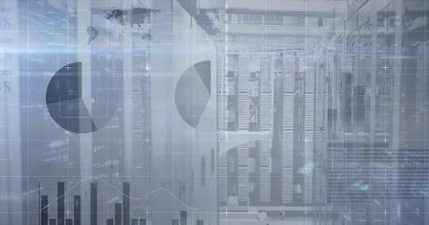 Displaying central server racks operating in data center, with Ethernet cables Illustrazione stock