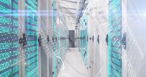 Displaying central server racks projecting holographic data overlays in data Stock Photos