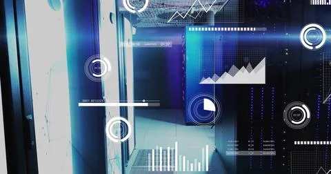 Displaying central server racks running in data center aisle, with LED Stock Illustration