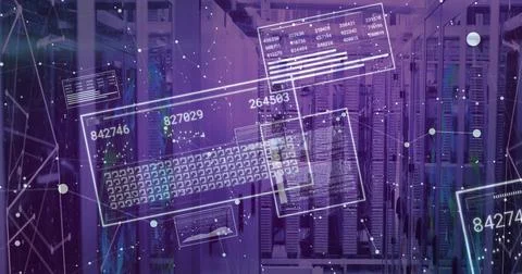 Displaying central server racks showing floating numeric panels inside data Stock Illustration